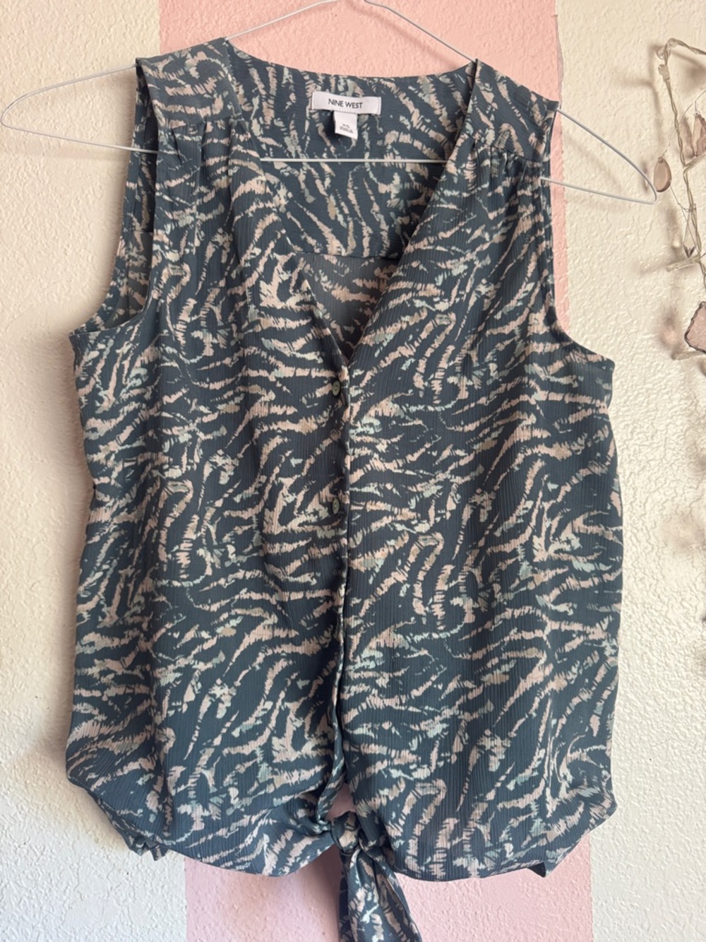 Nine West Teal and Cream Tie-Hem Sleeveless Blouse